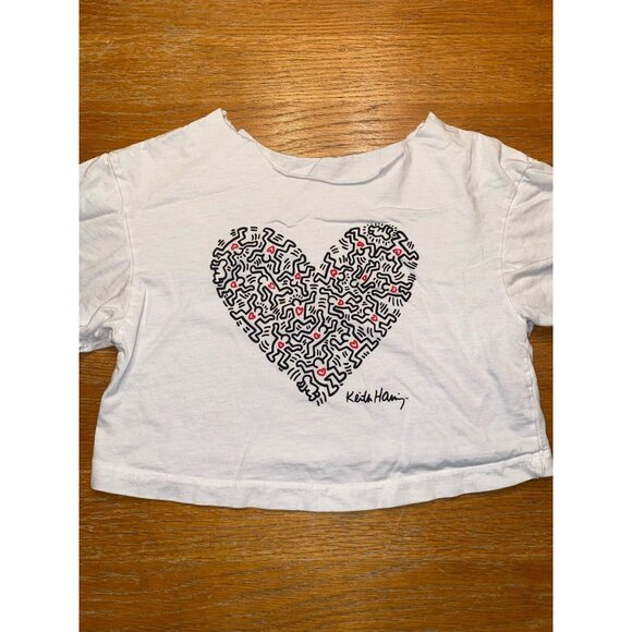 Keith Haring White Crop Top Heart Design Graphic Tee - Picture 1 of 2